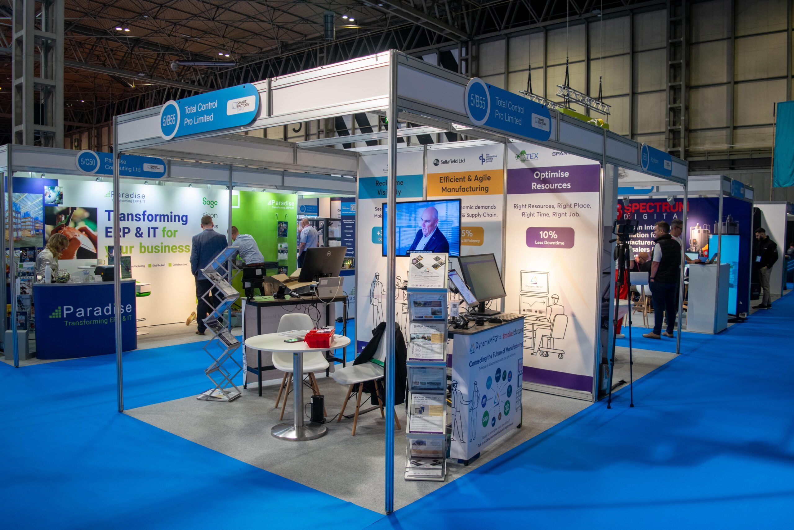 Smart Manufacturing Week 2025, the "Total Control Pro Limited" stand with screens, promotional materials, and a seating area, alongside other exhibition booths.