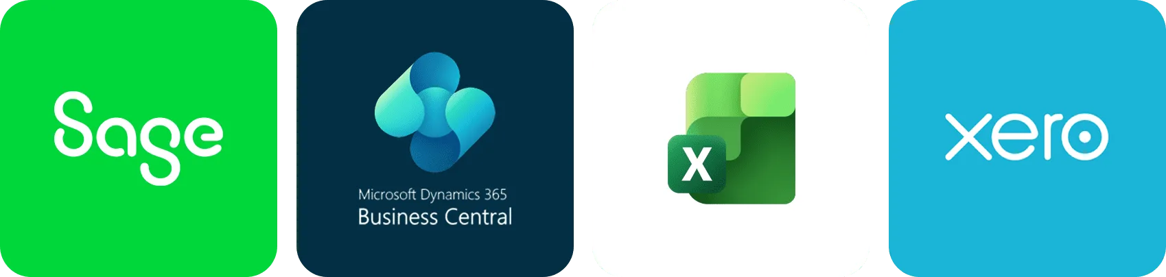 Logos of Sage, Dynamics 365, Excel, Xero