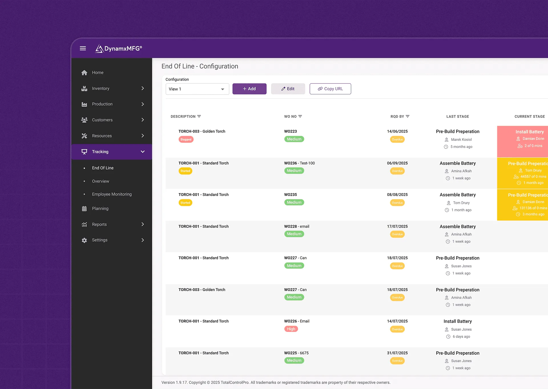 DynamicMFG tracking dashboard interface showing configurations.
