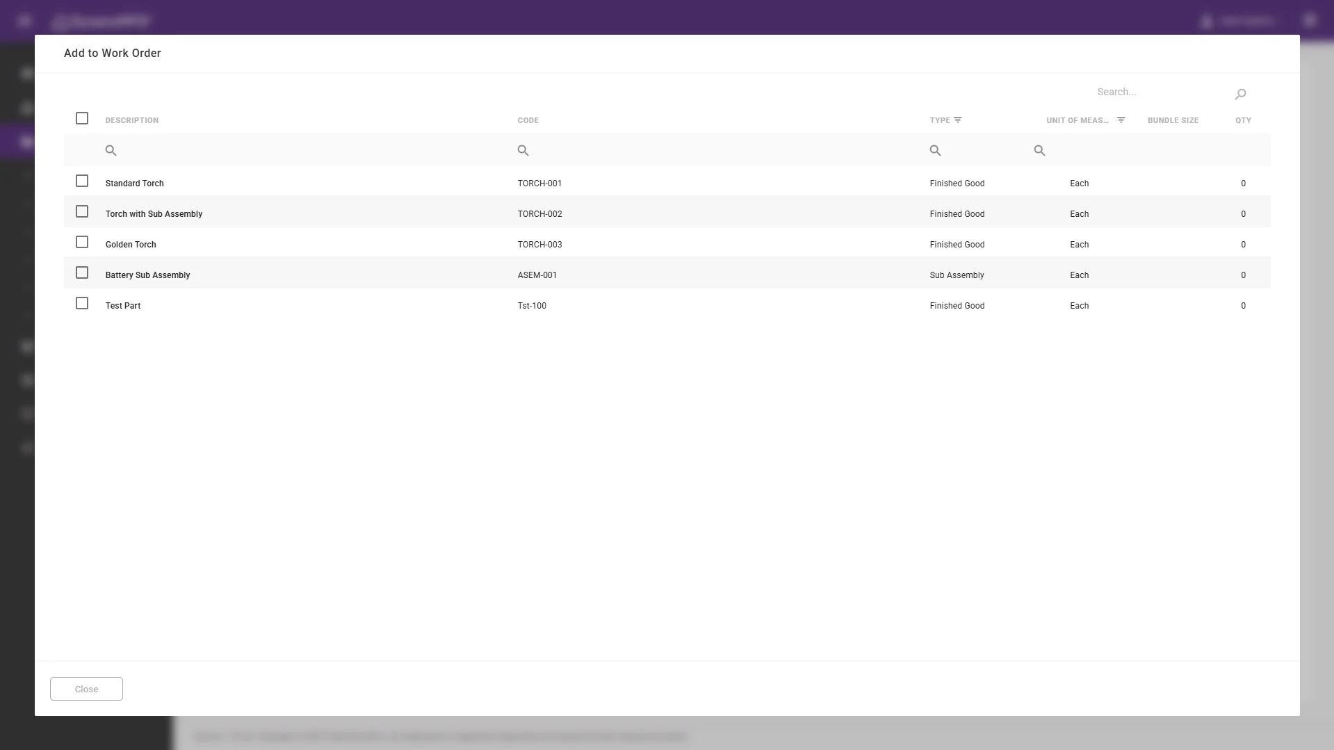 Add to Work Order inventory selection screen