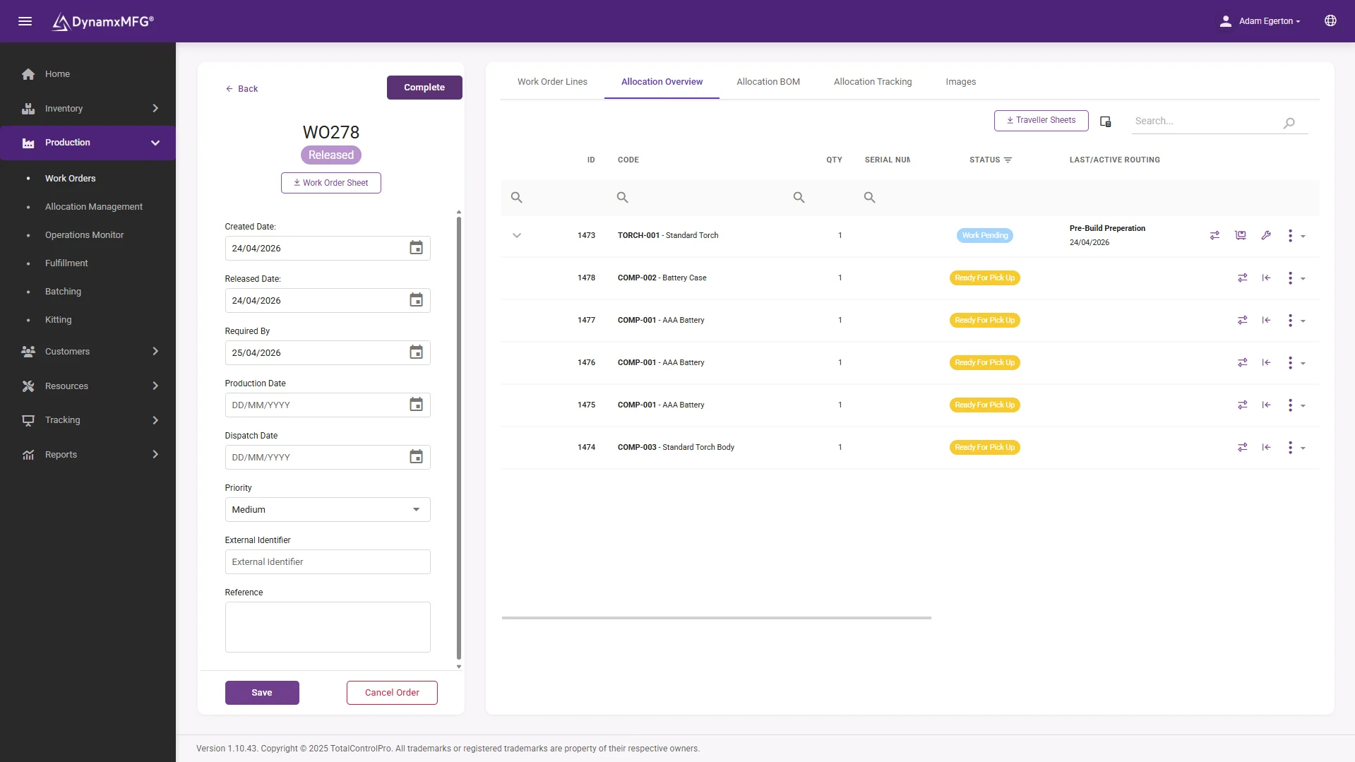 Manufacturing work order allocation overview dashboard screen